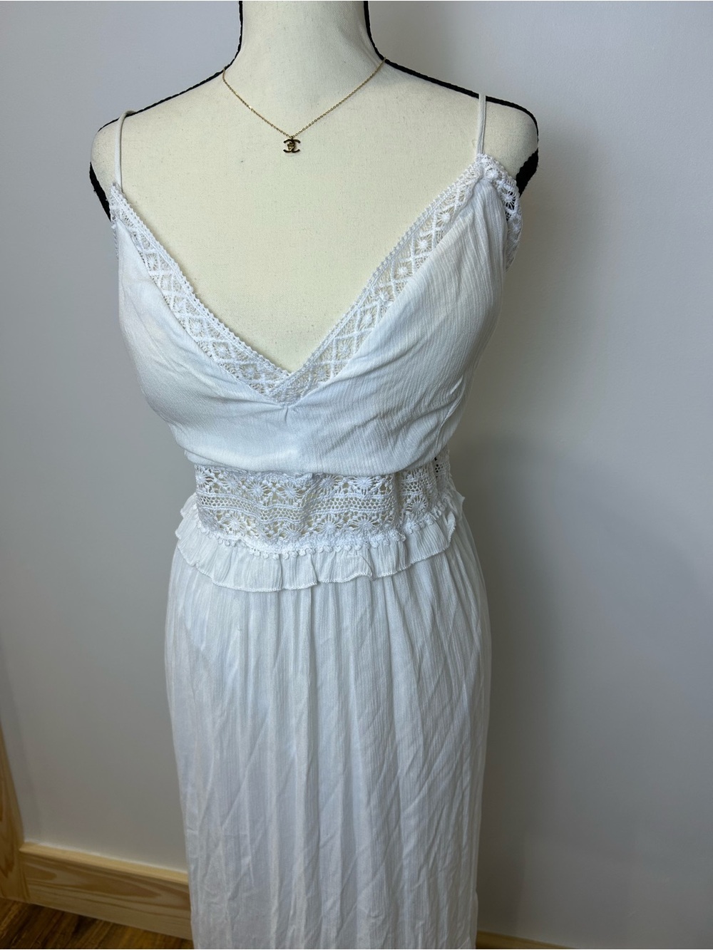 White Lace-Trim Maxi Dress with Spaghetti Straps and Smocked Waist - Picture 2 of 9